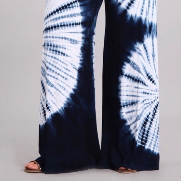 Plus Navy Tie Dye Palazzo Wide Leg Casual Pants - Picture 3 of 5